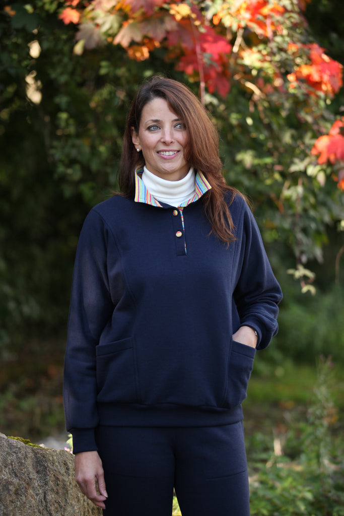 Askrigg Top in Navy with multi striped collar