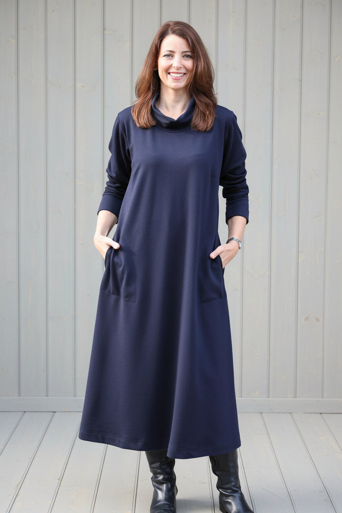 Weekender classic long Jersey Dress  in Navy and black - with cowl neckline