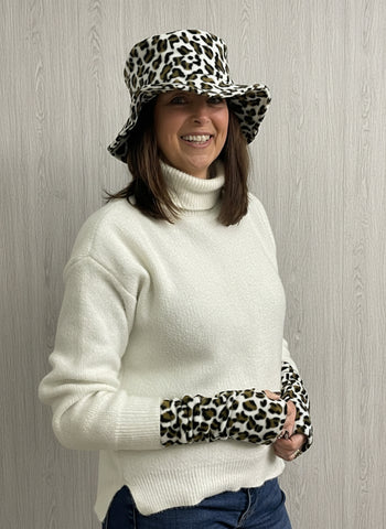 Leopard print floppy fleece hat