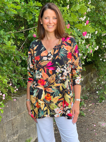 India silky top in tropical print - two colours and two necklines