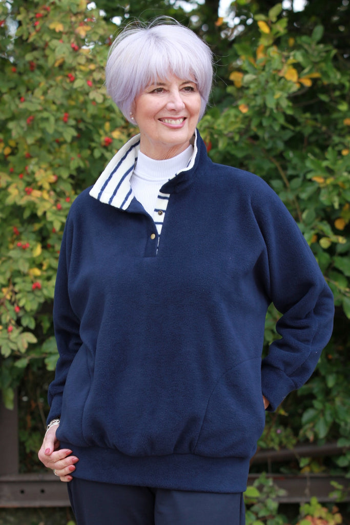 Fellbeck Fleece Top in Navy with striped collar