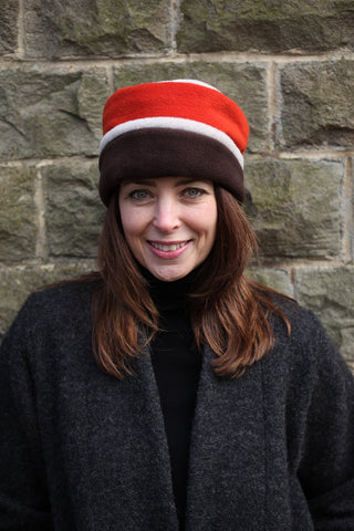 Tri colour reversible Fleece Hat in Chocolate/rust