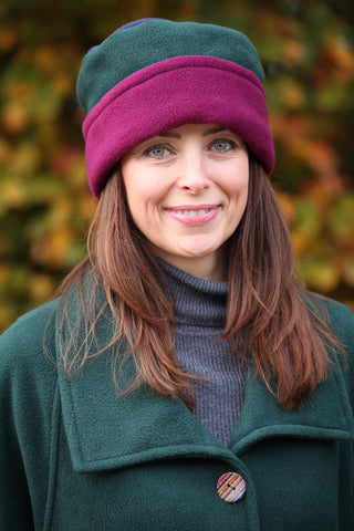 Tri colour reversible Fleece Hat in Forest/Mulberry/Navy