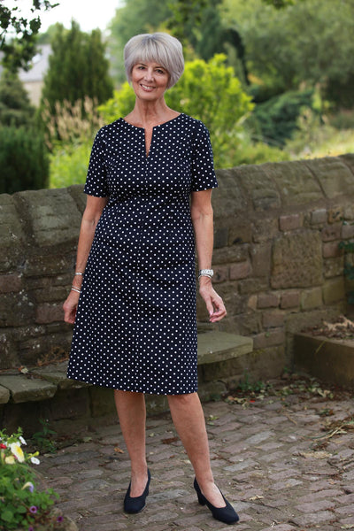 Lindsey Dress in Navy/white spot Front zip Size 16 only