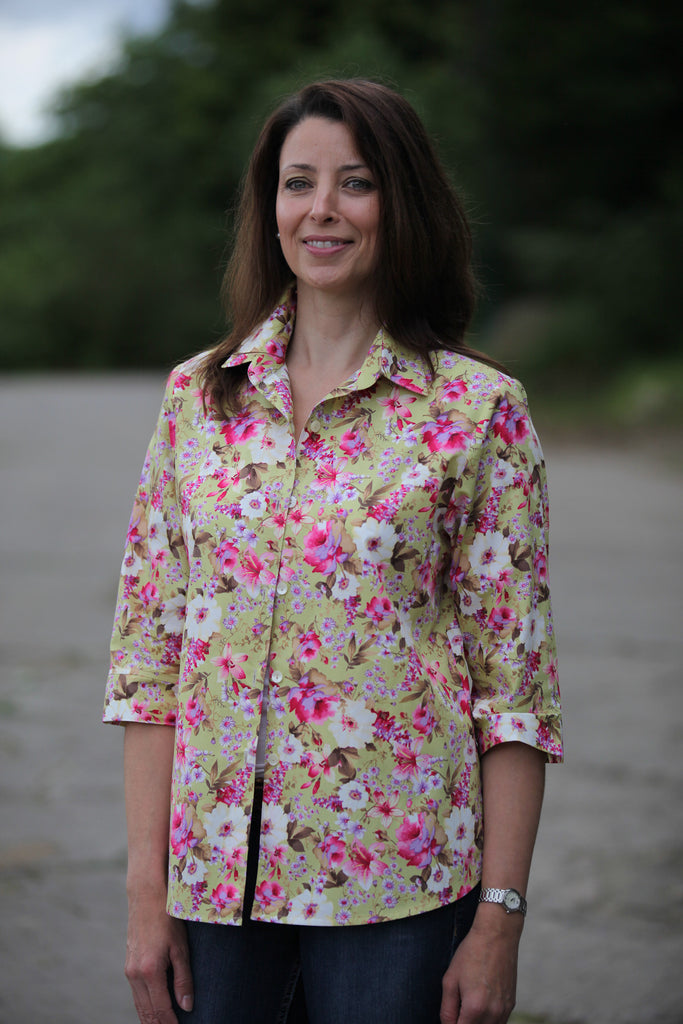 Tara  Floral Shirt in Gold cerise print