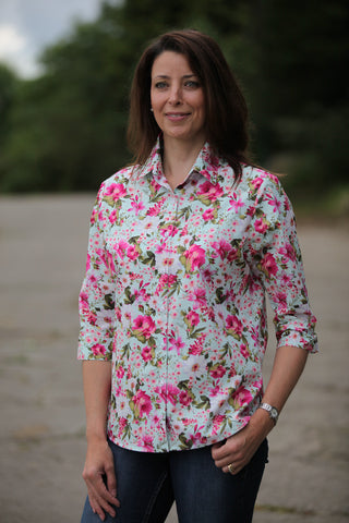 Tara Floral Shirt in Mint/cerise size 12 only