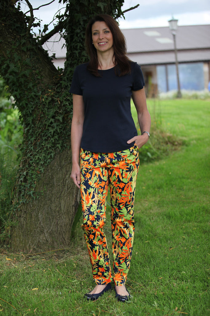 Carnival Summer Trousers in Navy/leaf/tangerine.