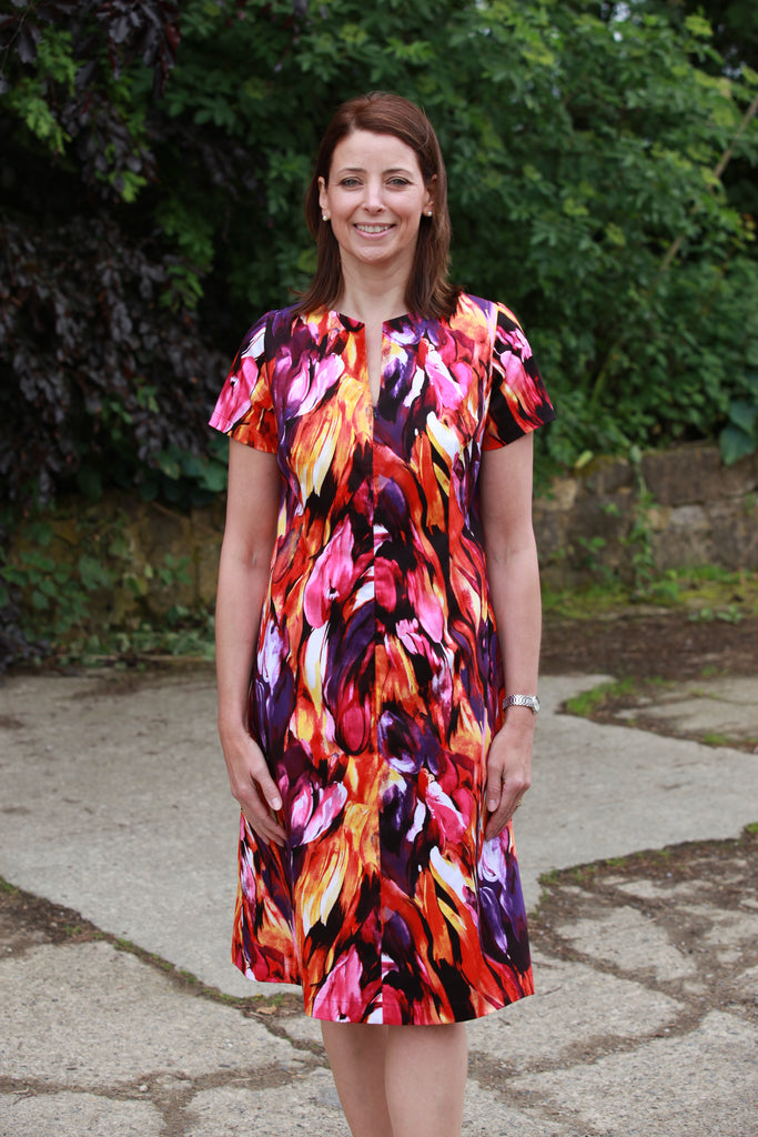 Lindsey Dress in Purple/orange Front zip