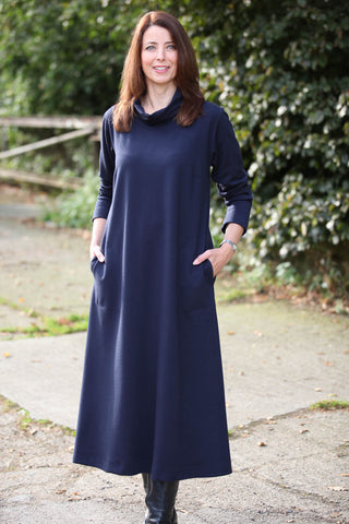 Weekender Long Jersey Dress  in Navy  - Cowl neckline